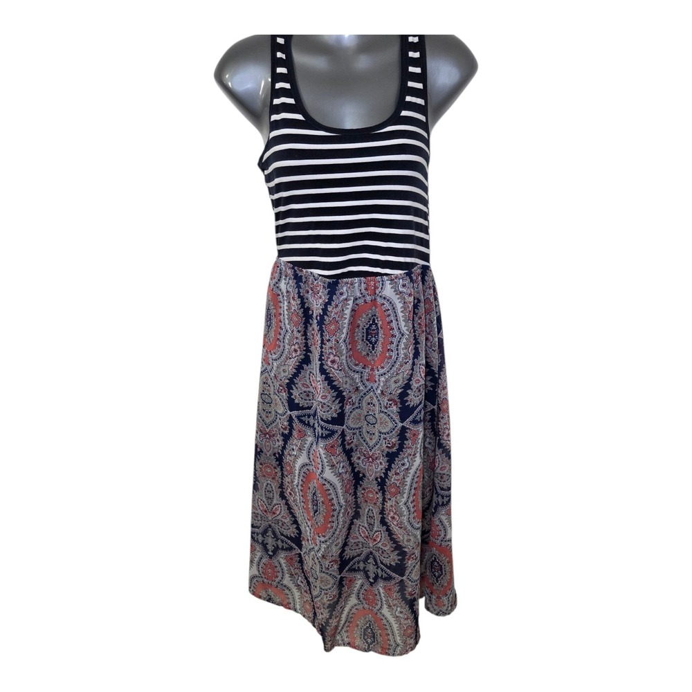Wallflower Striped Tank Paisley Dress Sleeveless Navy Coral Boho Fit Flare
